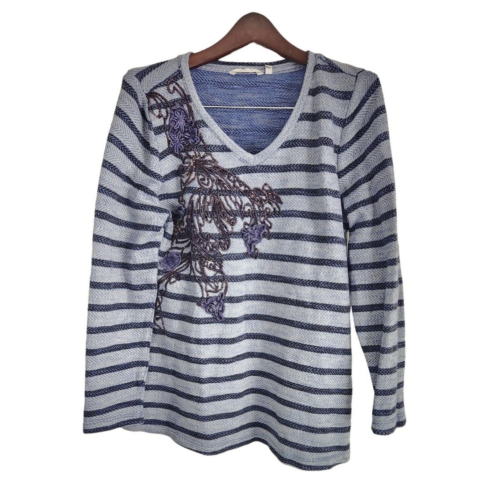 SOFT SURROUNDINGS Syrah Embellished Floral Striped Top V-Neck Blue Size L